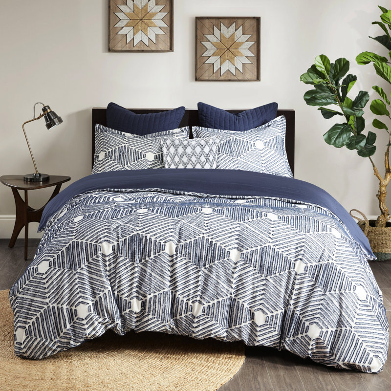 Housse de couette pour lit très grand / très grand en coton bleu marine, revers uni, attache de coin, motif de housse de qualité avec dossier, lavable à la machine