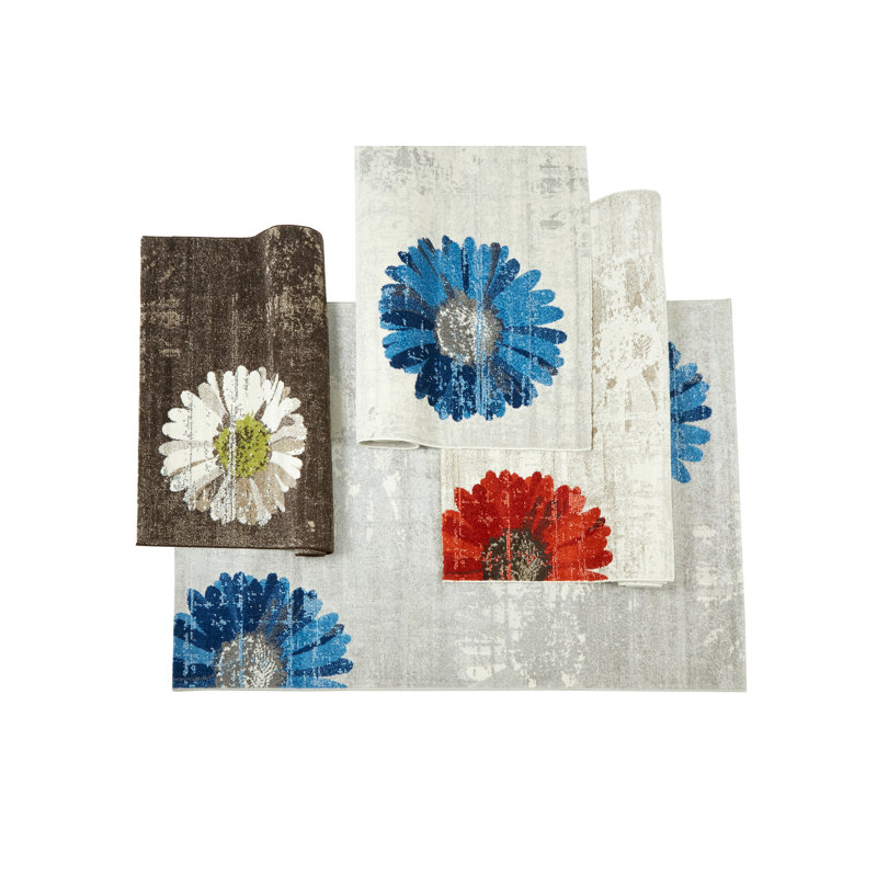 Tapis gris/bleu tissé à la machine Kossivi, Rectangle 4 pi 5 po x 6 pi 3 po