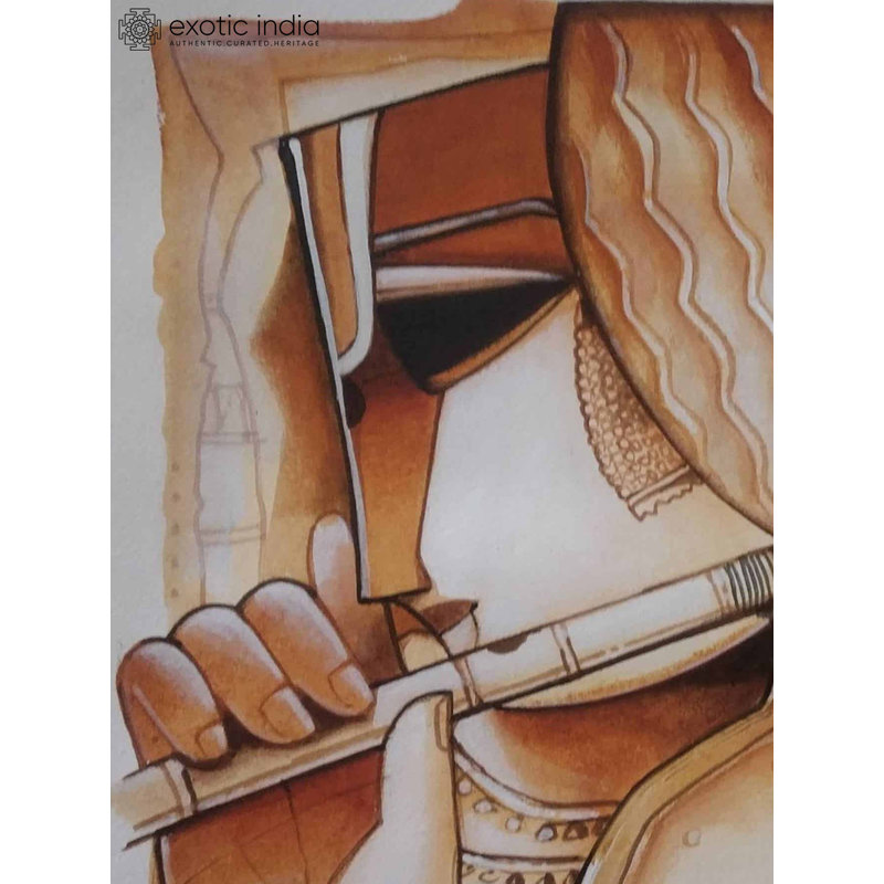 Murlidhara in Modern Idiom, peinture acrylique par Arvind Mahajan - Art spirituel indien contemporain de 16 po x 12 po