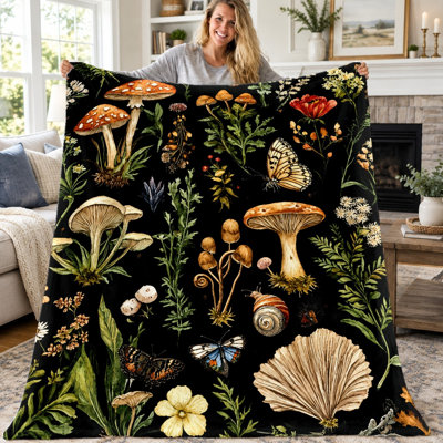 1pc Mushroom Blanket, Vintage Botanical Forest Theme Flannel Throw, Enchanting Woodland Creatures and Plants Pattern Cozy Blanket for Sofa Couch Bed Living Room Dorm Office Travel, Home Decor All‑Season Blanket,, Unique Gift