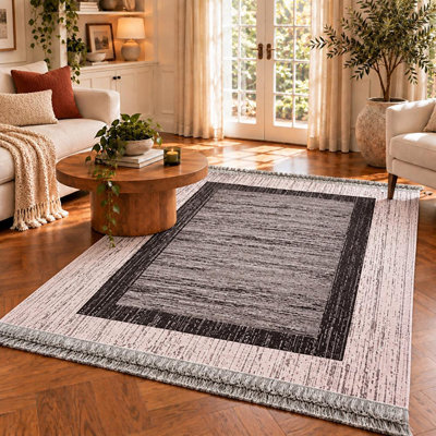 Tapis Bigghome, motif turc traditionnel réversible 4 x 6 lavable à la machine - gris et noir