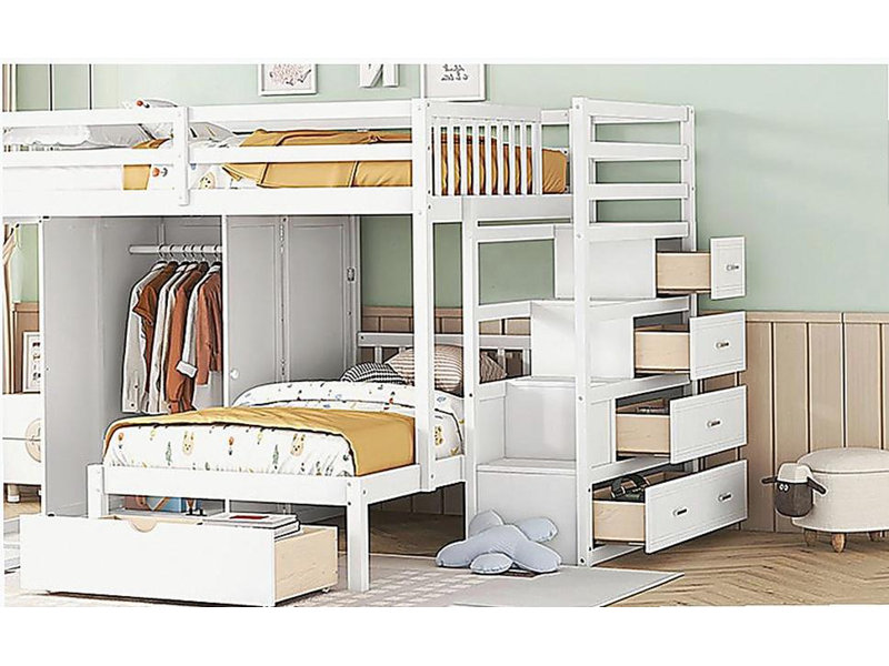 Lit superposé double avec garde-robe, tiroirs, blanc, Blanc