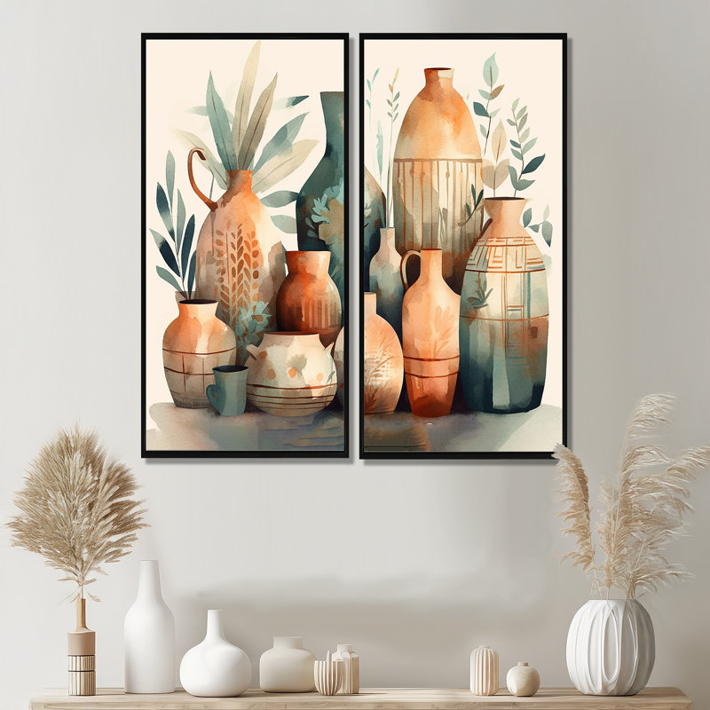 Vase en céramique orange et vert Soulful I - grandes impressions sur toile Boho Pottery, H 32 po x l 32 po, Noir