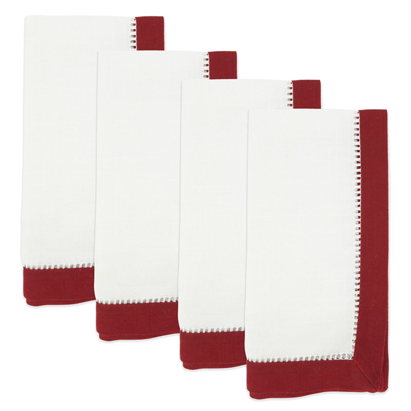 Contrast Border Two-tone Hemstitch Cloth Napkins 20" W X 20" L, Set Of 4, White/Red