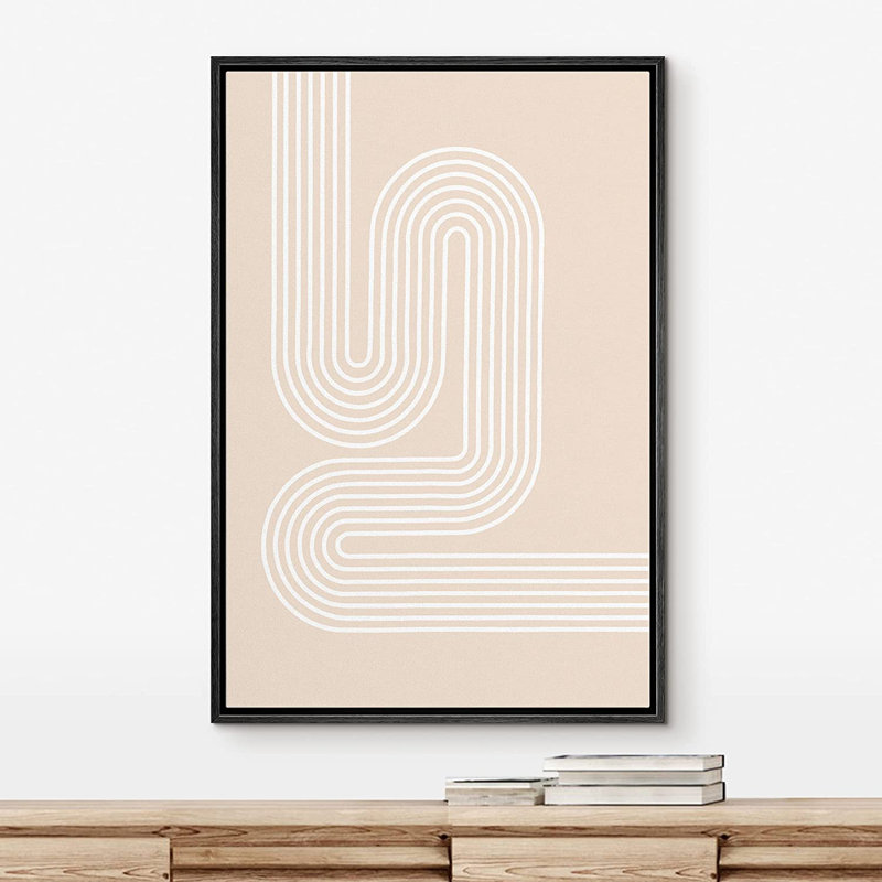 IDÉE4WALL, reproduction d'art sur toile encadrée, brun clair, rétro, motif de vague Mid-Century, formes abstraites, illustrations, minimalisme, géométrique décoratif pour le salon, la chambre à coucher, le bureau