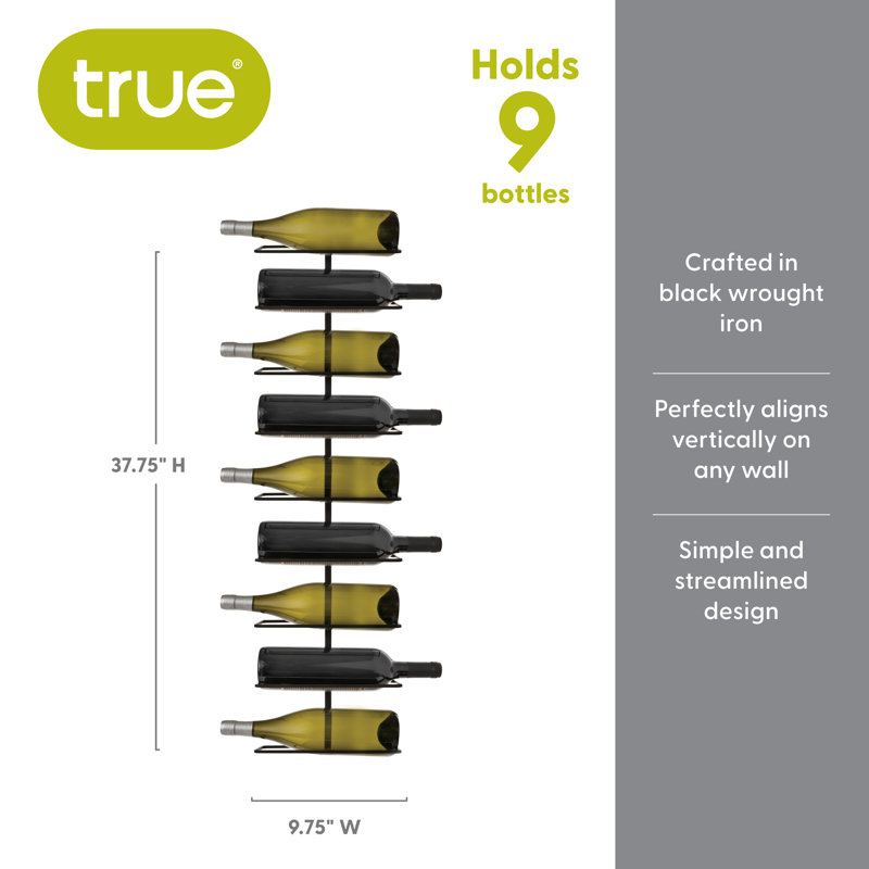 True Align Wall-Mounted Wine Rack, Black Wrought Iron, Minimalist Modern Wine Display, Alcohol Storage Solution, Holds Nine Standard Wine Bottles