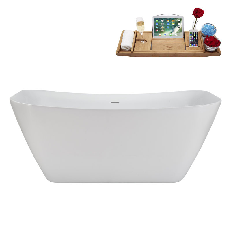 59" Streamline Soaking Freestanding Tub and Tray With Internal Drain, Polished Gold