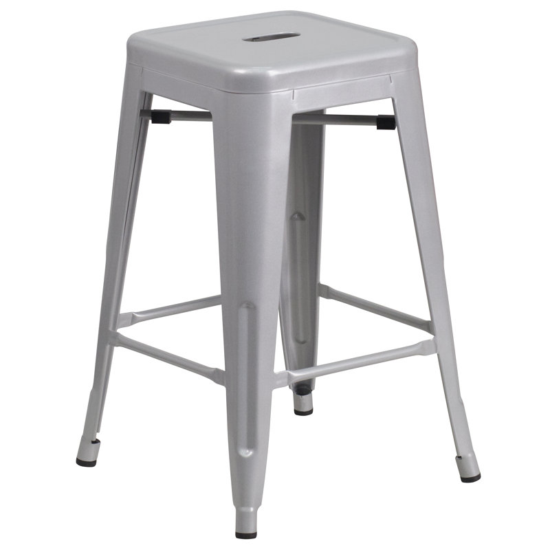 Nieva Commercial Grade Backless Indoor-Outdoor Stool with Square Seat, Silver, Counter Stool (24” Seat Height), 4