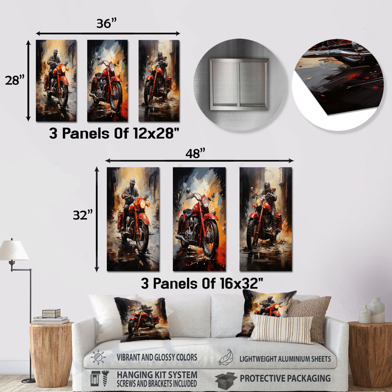 Crimson Thunder Red Dirt Bike - ensemble de 3 reproductions d'art mural en métal, H 28 po x l 36 po