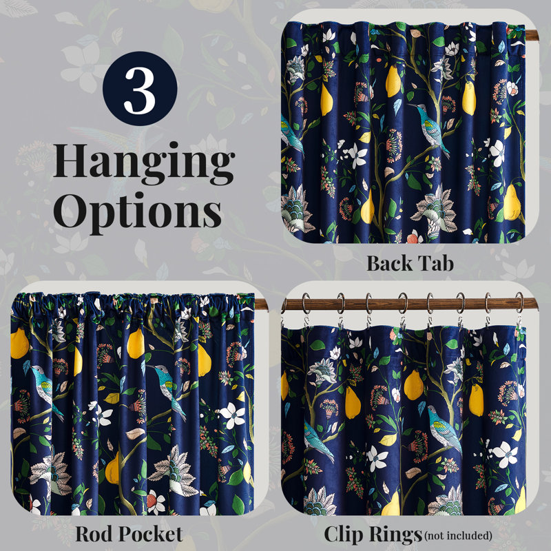 Luxury Velvet Fancy Hummingbird Blackout Curtain. Rod Pocket Back Tab Thermal Insulated Room Darkening Drapes（set of 2）, Navy