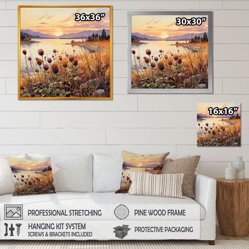 Été coucher de soleil Thistle Meadow - chardon, art mural, H 30 po x l 30 po