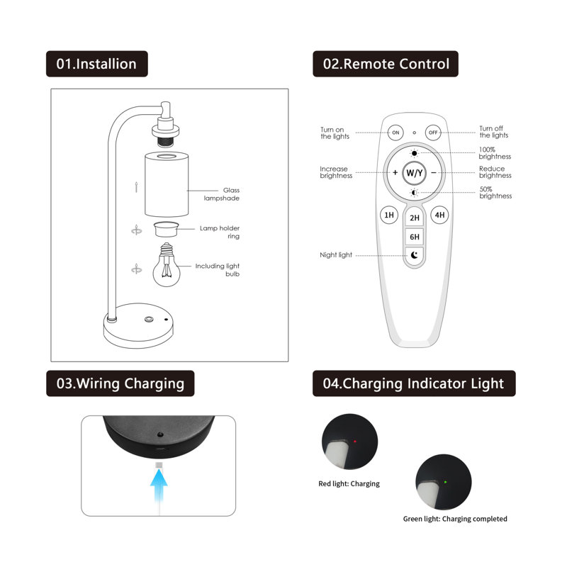 Ensemble de 2 lampes de table sans fil à intensité variable de 3 po avec 3 ampoules Edison et télécommande St64