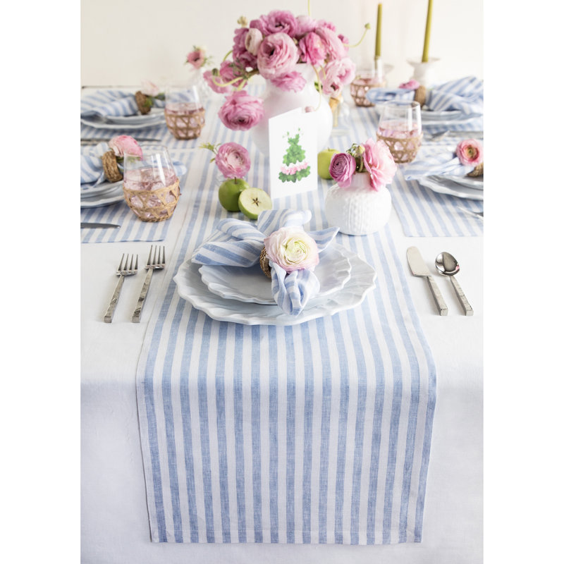 Cabana Stripe - 100% Pure Linen Table Runner, 108" x 18", Sky Blue/White