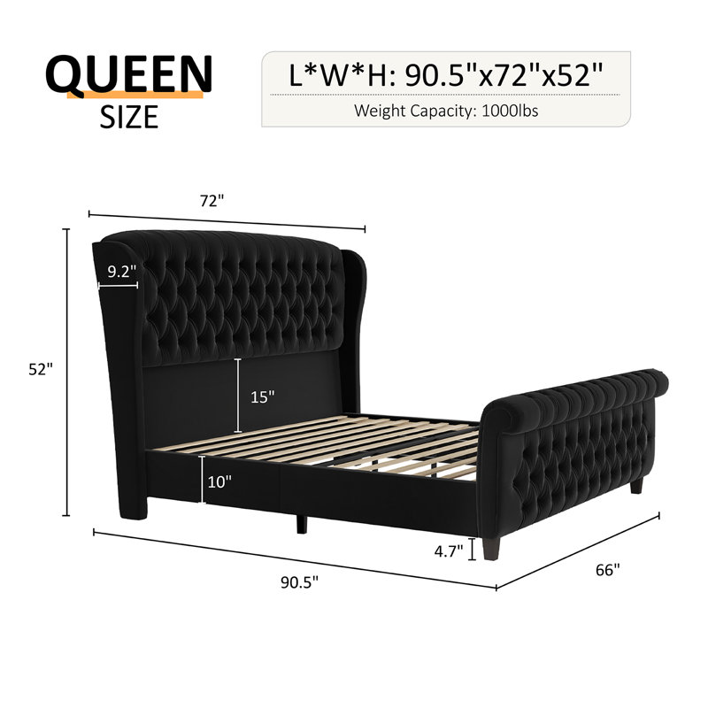Queen Size Black Velvet Upholstered Tufted Sleigh Bed Frame