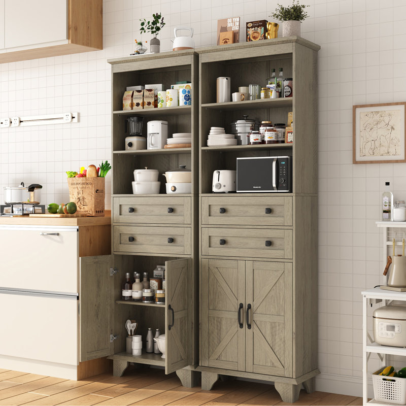 Armoire de cuisine de 72 po de hauteur Dornisha avec 3 tablettes réglables, garde-manger avec 2 tiroirs, 2 portes et support pour micro-ondes