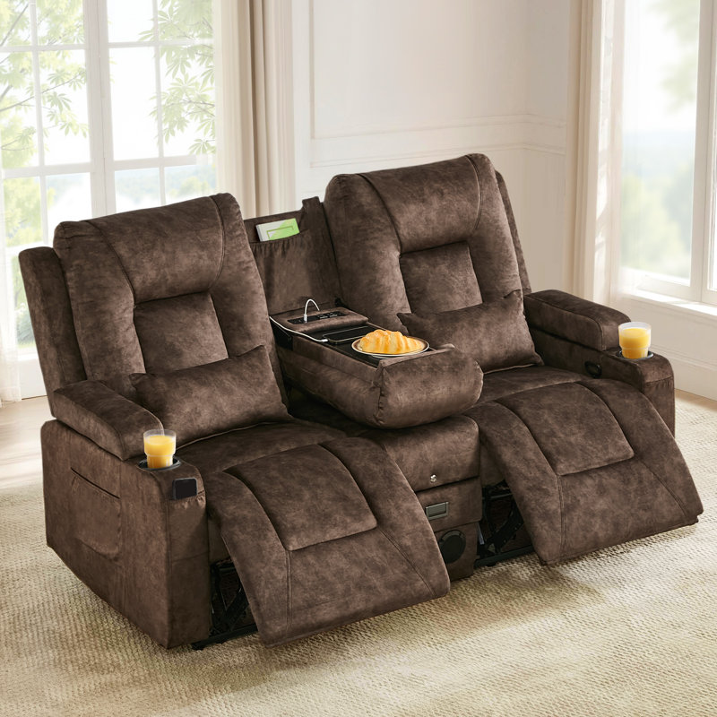 Manual Reclining Loveseat Sofa With Flip-Top Center Console, Charging Ports, Bluetooth Speakers And Cup Holders, Brown