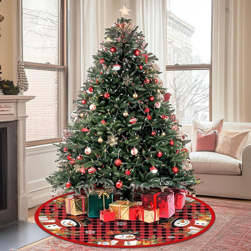 Jupe de sapin de Noël bonhomme de neige rouge en peluche, décoration de ferme hivernale avec flocons de neige