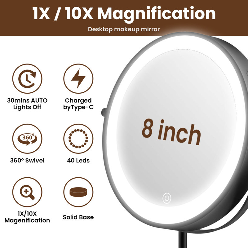 Miroir de maquillage grossissant 8 / 8X, Noir
