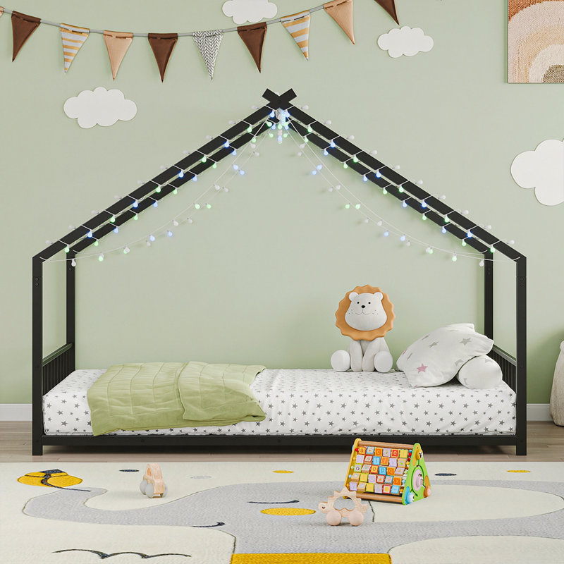 Children's Bed Frame with LED Light Strips, Sturdy Roof-Shaped Iron Frame for Safe and Fun Sleeping, Black, Twin