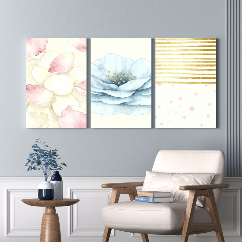 Aquarelle sur toile à motif floral et rayé doré, impression de fleurs abstraites (ensemble de 3), H 18 po x l 36 po