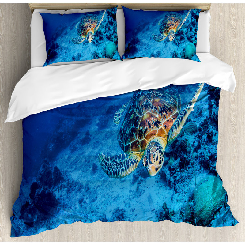 Queen Blue Oceanic Sea Turtle Microfiber Duvet Cover Set