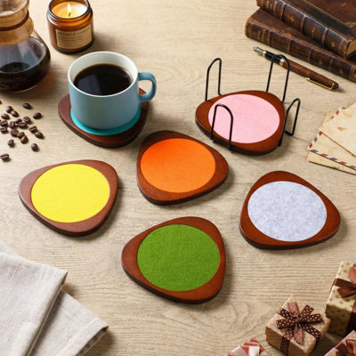 6 Pcs Mid Century Modern Coasters Wood Absorbent Coaster With Stackable Holder Vintage Felt Coasters Decorative Drink Coaster Non-Slip, Non-Stick, Suitable For Kinds Of Cup 4.3 Inch(Multicolor)