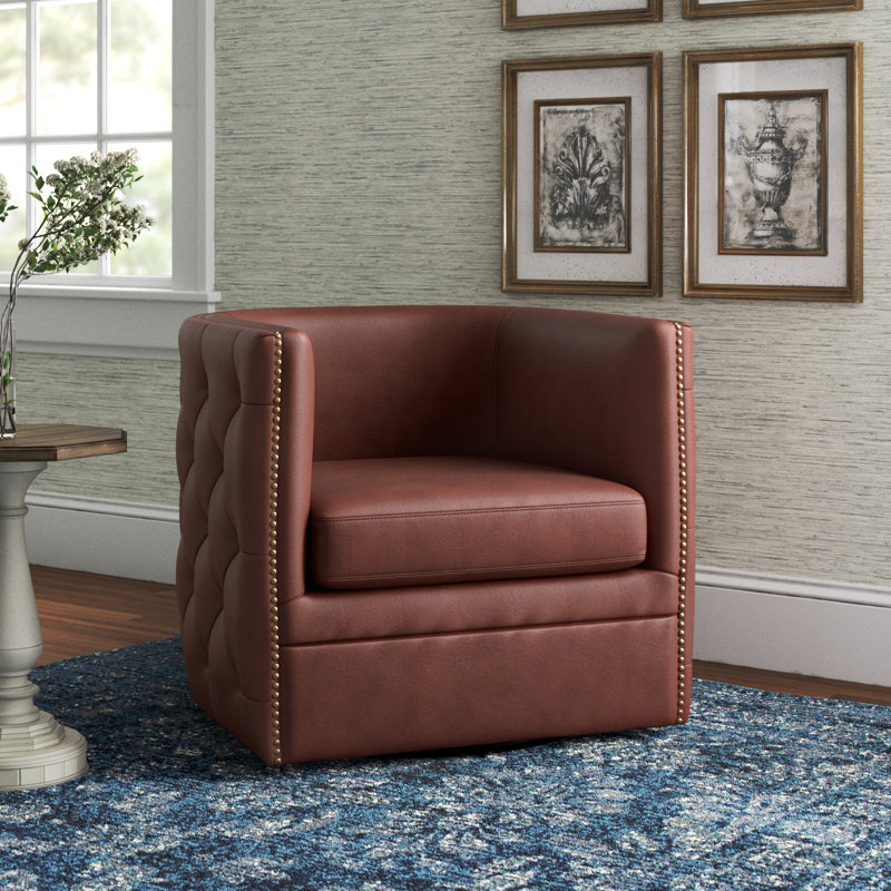 Calzada 31" Top Grain Leather Swivel Armchair, Brown 