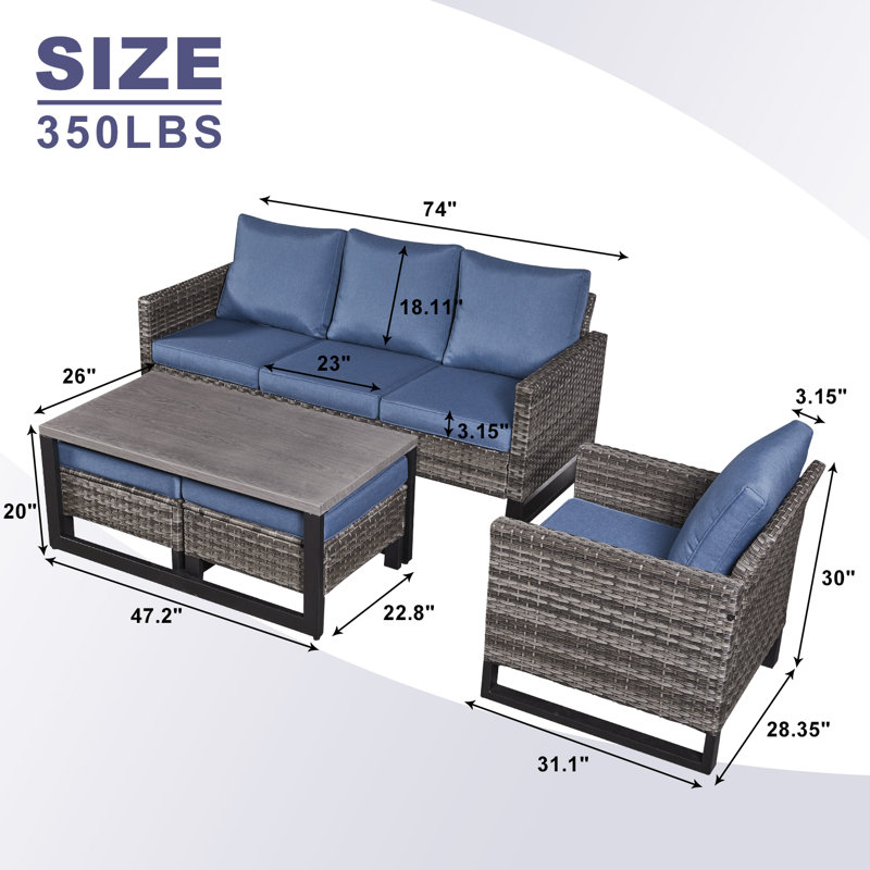 Nazime 6 - Pieces Outdoor Patio Sofa Seating Group with Ottomans and Cushions, Blue/Gray