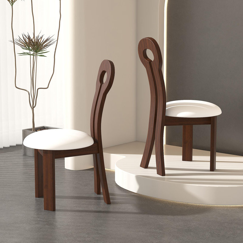Ensemble de 2 chaises de salle à manger, chaises pour la maison Key-Design, cuir PU et chaises en bois massif avec coussin rond blanc pour la salle à manger - brun noyer foncé