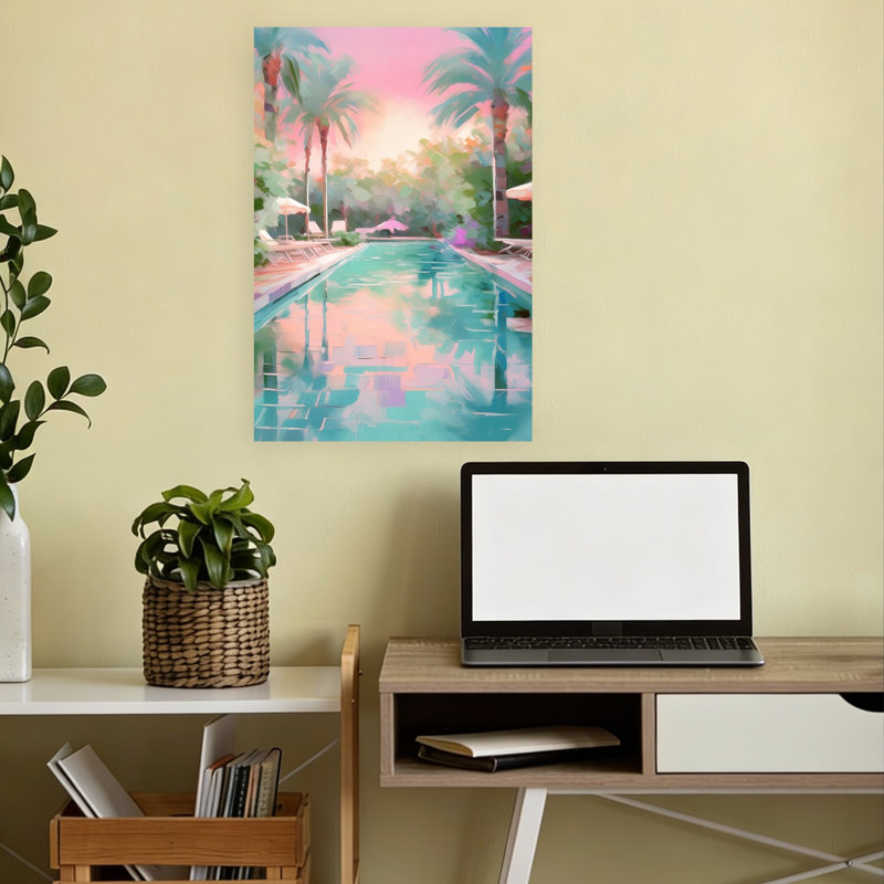 Tableau d'art mural représentant une piscine de villégiature de rêve, un coucher de soleil d'été serein et paisible sous un palmier