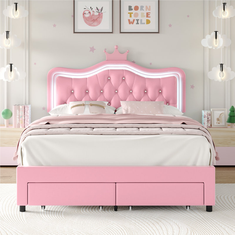 Lit plateforme tapissier en cuir Largent avec lumières DEL et tête de lit couronne blanc / rose, Rose, Double