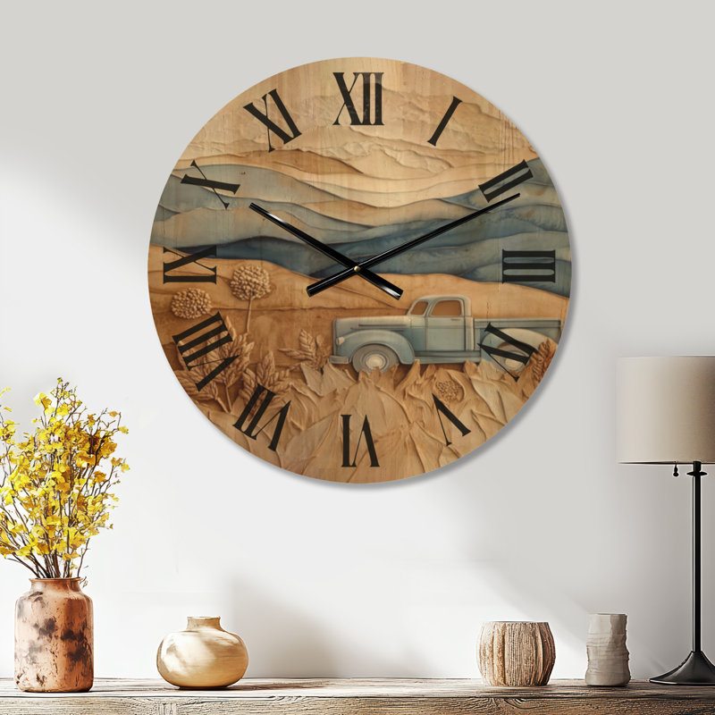 Horloge murale ronde style ferme Blue Truck Harvest Ridge I, imprimée sur bois, Extra Large