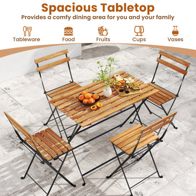5 PCS Patio Acacia Wood Dining Set w/ 4 Folding Chairs Slatted Seat & Tabletop