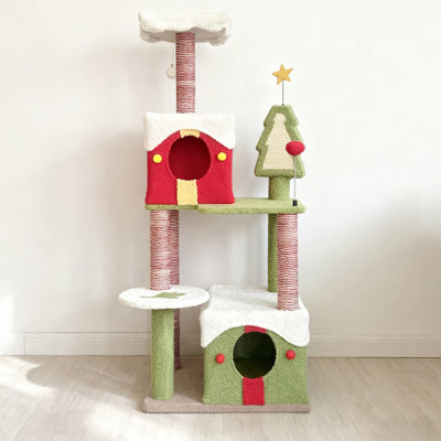 Festive 54-inch Christmas Cat Tree Tower - Multi-level Condo Scratching Post For Multiple Cats