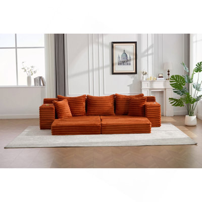 Oversized Boneless Four Seats Sofa with Cup Holder and Side Pockets, Upholstered Corduroy Sofa Bed Cloud Couch with 3 Pillows, 2 Lumbar Pillows.Living Room, Bedroom,No Assembly ,Breathable material