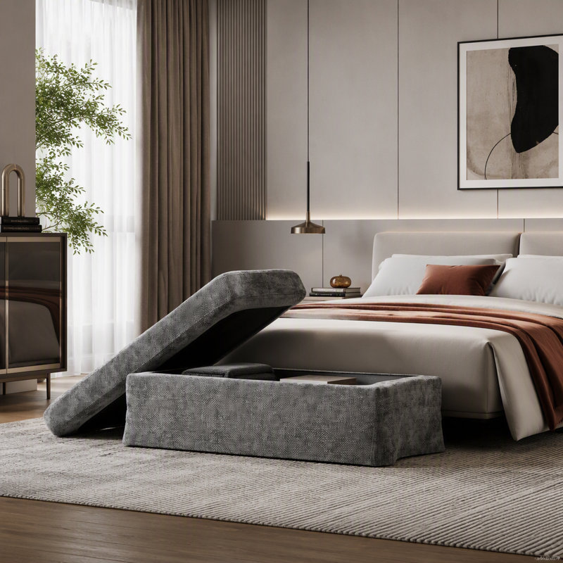 Repose-pieds moderne tapissier carré en chenille avec pieds en métal, Gris anthracite