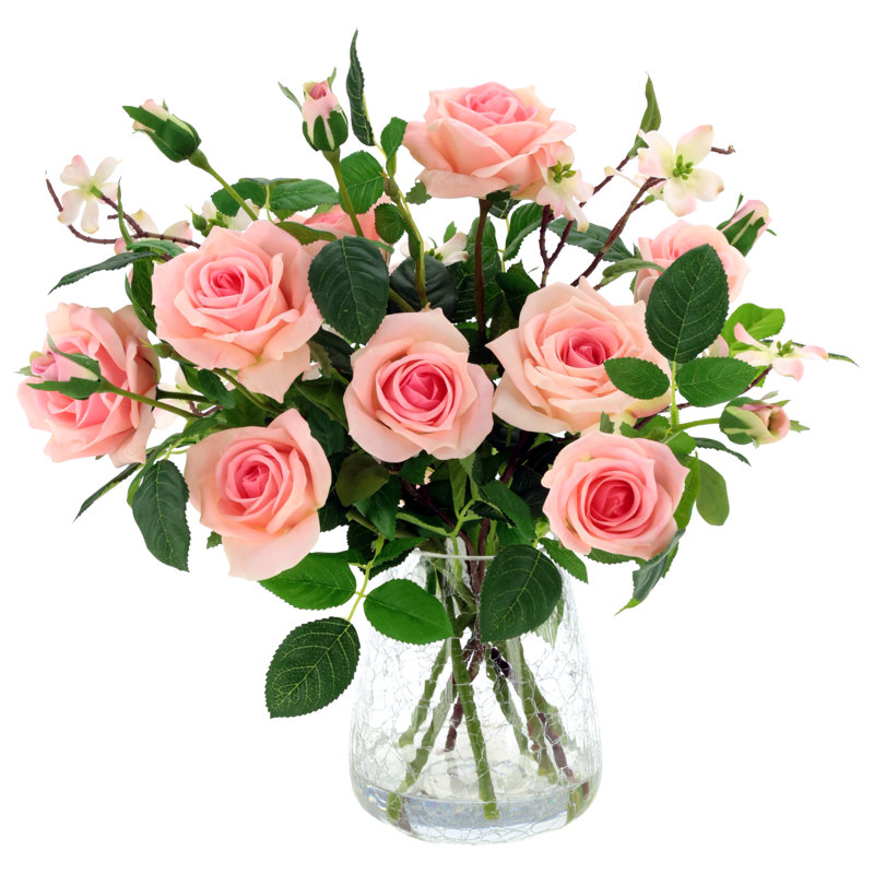 Roses In Crackle Vase - 17 Inches, Light Pink