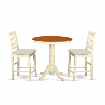 L'ensemble de salle à manger à hauteur de comptoir 3 pièces comprend une table de salle à manger ronde avec piédestal et 2 chaises rembourrées en tissu de lin, babeurre et cerise