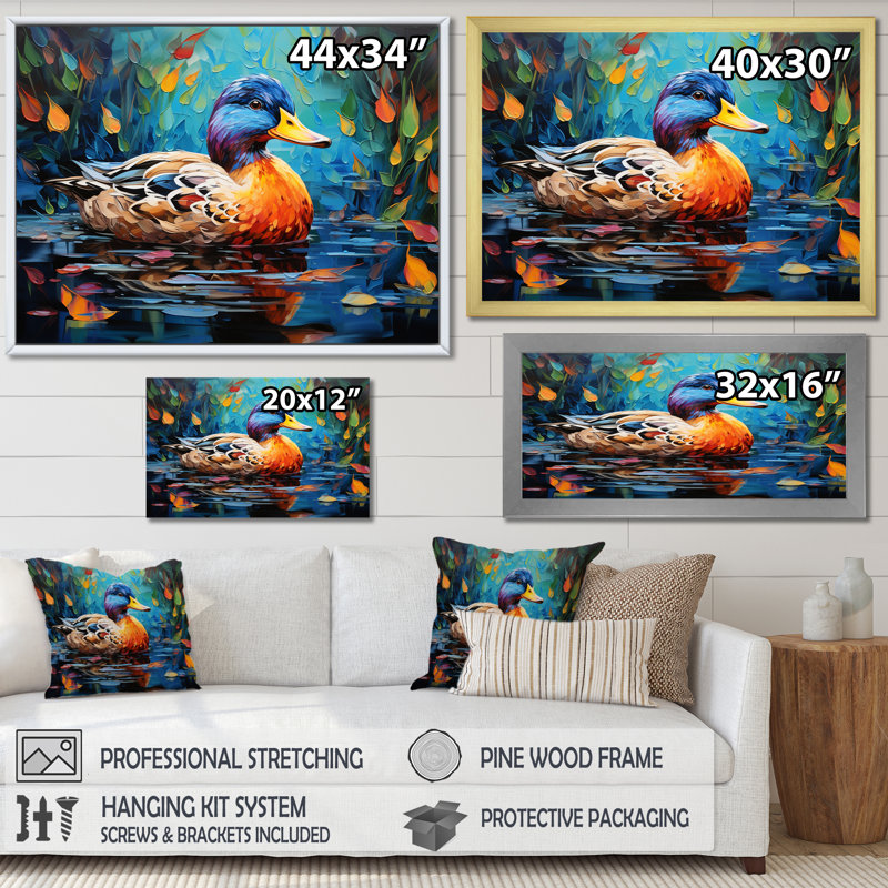 Fauve canard II, art mural, Cadre flottant brun, H 12 po x l 20 po x P 1 po