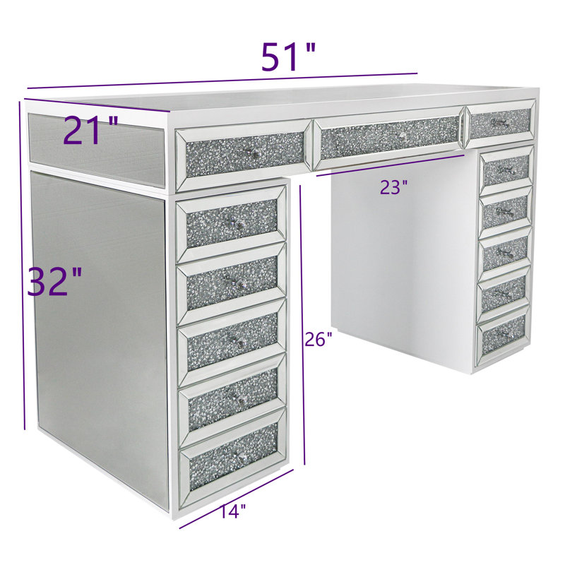 Mirrored Vanity Table 13-Drawer Faux-diamond Inlay, White