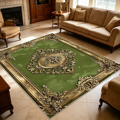 1PC Vintage Baroque Gold Embossed Sage Green Filigree area rugs for Living Room, Soft and Comfortable, Suitable for all seasons, easy-to-maintain, machine washable Indoor floor mat, Under Table Farmhouse suitable for dining table, entryway, bedroom,