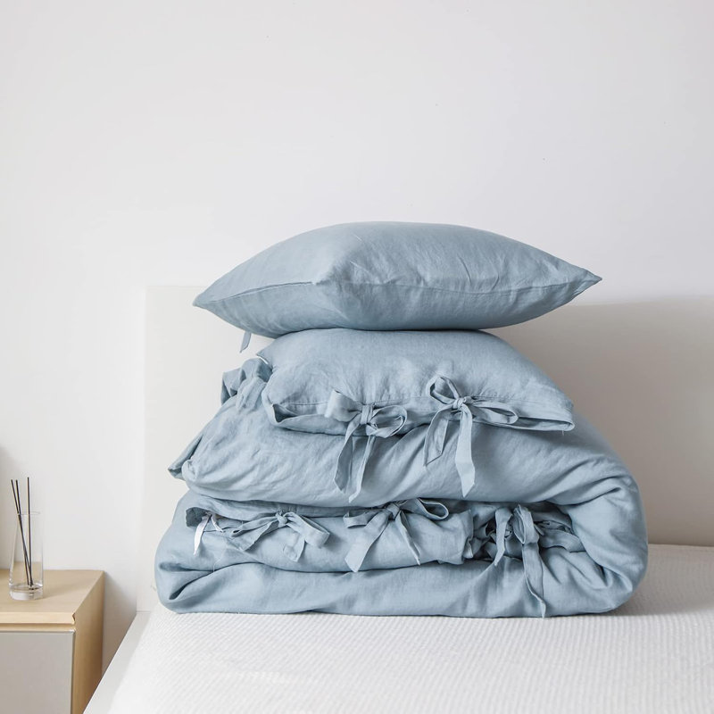 100% Linen Duvet Cover Set, 3 Pieces Belgian Flax Breathable Bedding,  (1 Comforter Cover+2 Pillowshams) With Tie Closure Style