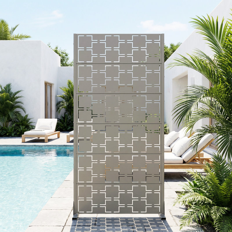 Metal Privacy Screen Fence Panel with Stylish Pattern, Grey, 72" H x 35" W x 16" D