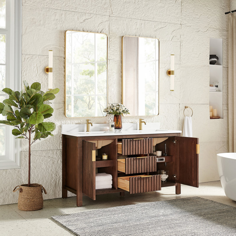 Charnley 60" Double Bath Vanity with White Grain Composite Stone Top, Aged Dark Brown Oak/ Brushed Gold