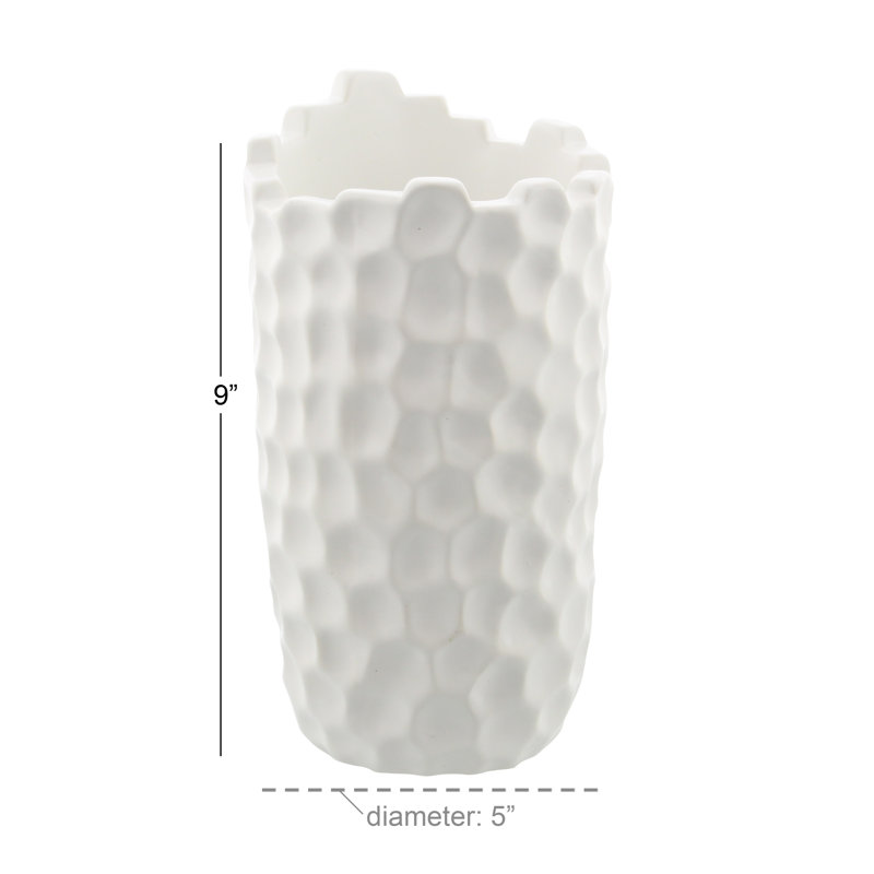 Porcelain Ceramic Decorative White Vase with Hammered Design, 9" H
