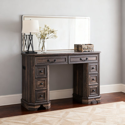 48" Farmhouse Makeup Vanity Desk With Hd Mirror And Lights, Vanity Table With 8 Drawers，with Glass Top And Power For Bedroom