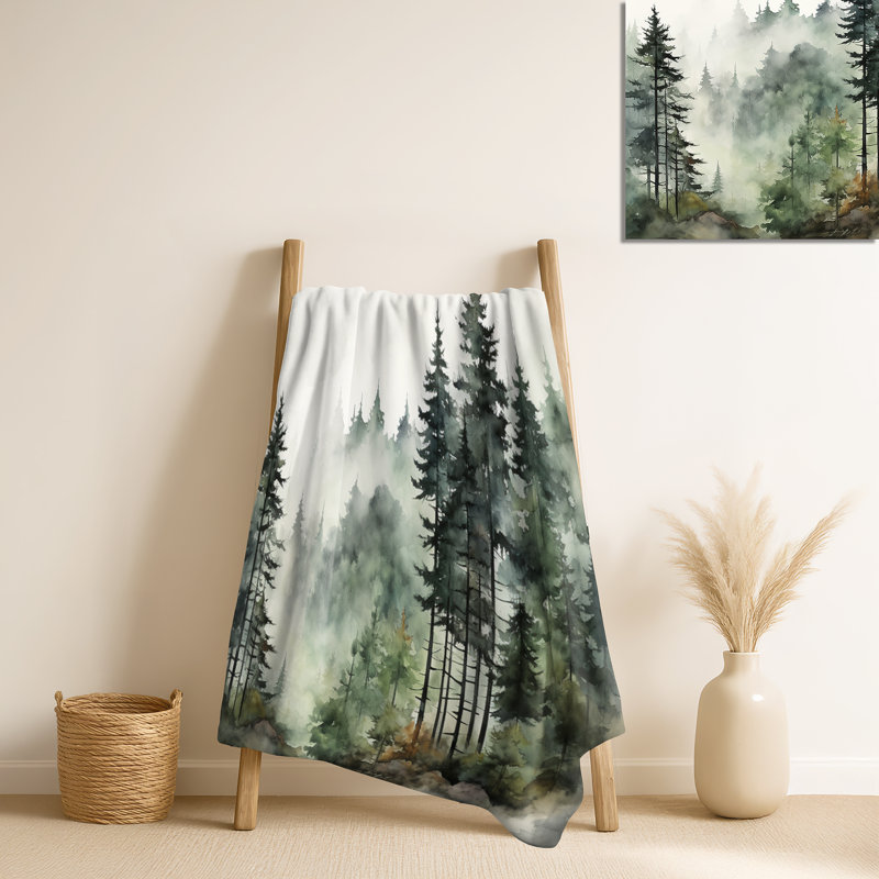 Pine Tree Misty Morning I - Tree Pine Throw Blanket