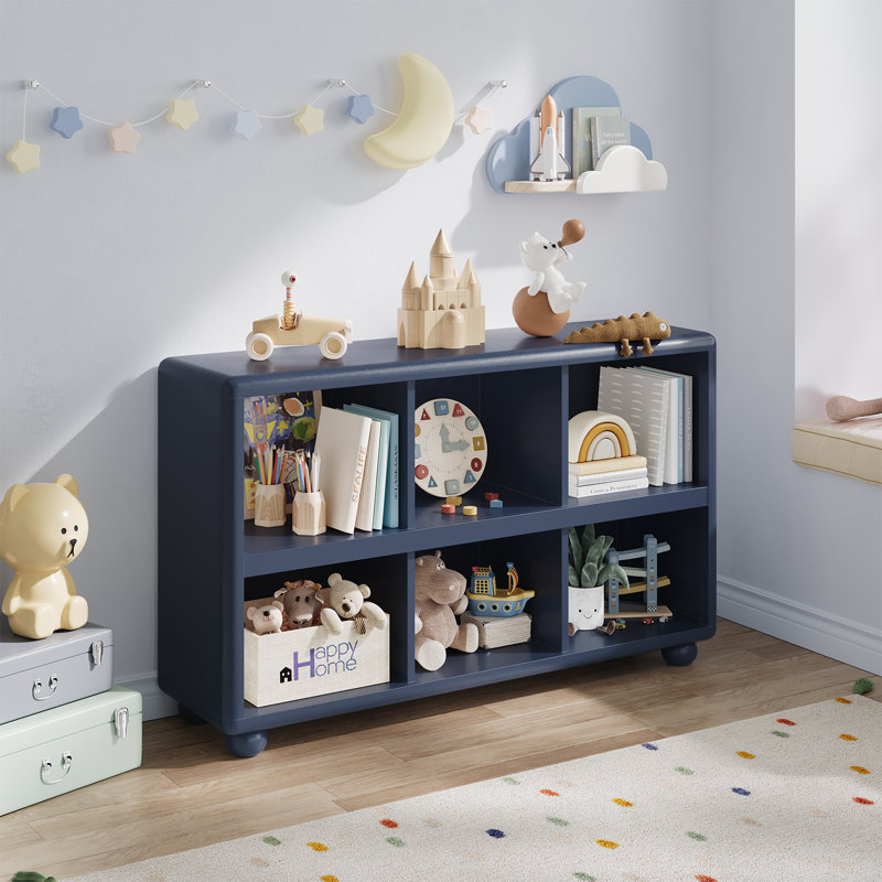 11.81"D X 47.24"W X 29.53"H Wooden Bookcase With 6 Cube Storage, Kids Bookshelf With Sphere Foot For Living Room, Playroom, Nursery