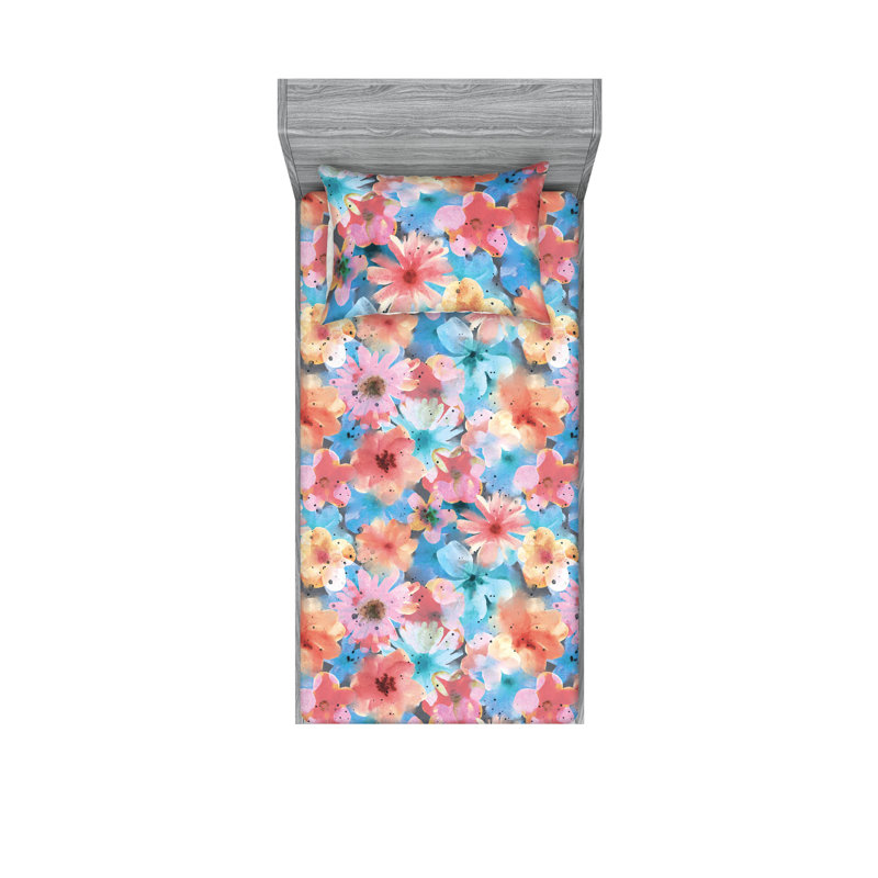 Drap-housse et taies décoratives 3 pièces Ambesonne, Corail, bleu ciel, pêche / floral