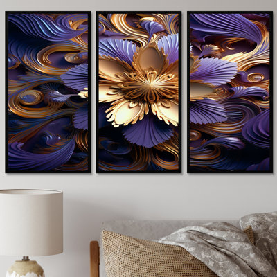 Abstrait lotus doré ornemental mauve - ensemble d'art mural floral moderne